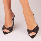 Noir Allure black suede heeled mule with Italian rhinestones — Viva Sole, handmade in Italy — view 2