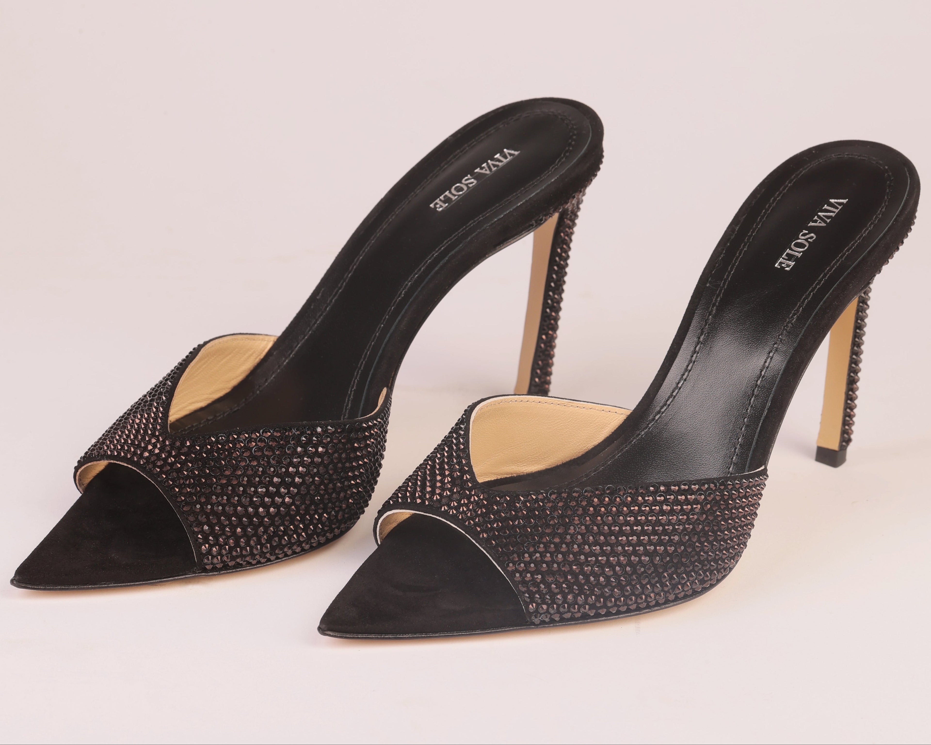 Noir Allure black suede heeled mule with Italian rhinestones — Viva Sole, handmade in Italy — view 5