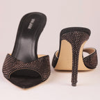 Noir Allure black suede heeled mule with Italian rhinestones — Viva Sole, handmade in Italy