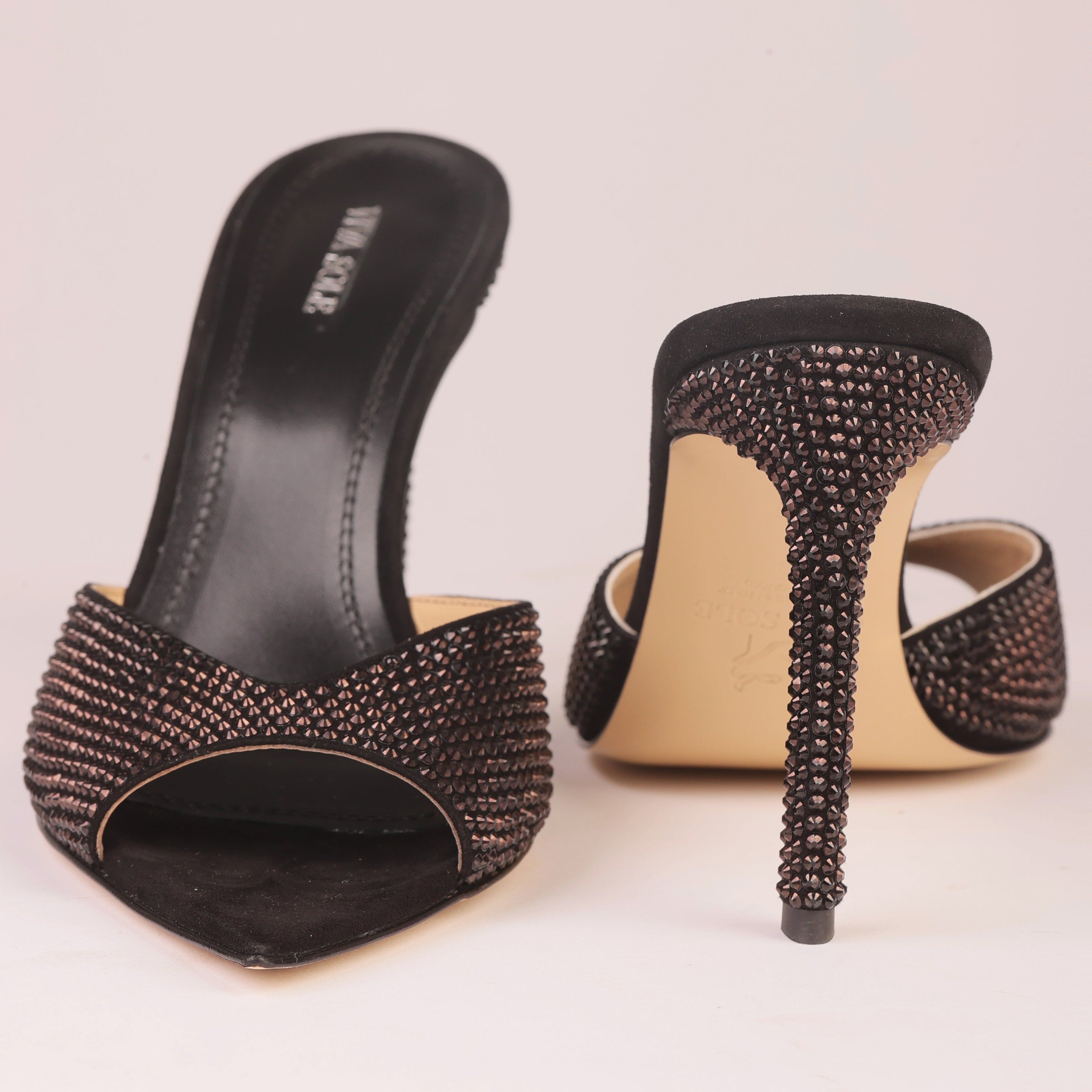 Noir Allure black suede heeled mule with Italian rhinestones — Viva Sole, handmade in Italy