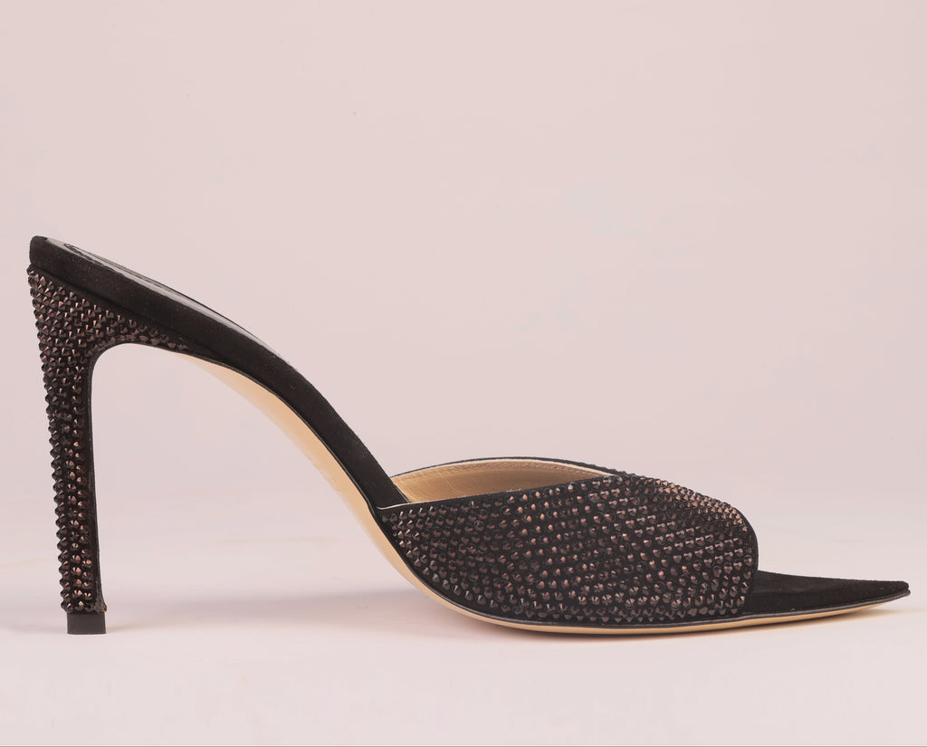 Noir Allure black suede heeled mule with Italian rhinestones — Viva Sole, handmade in Italy — view 13