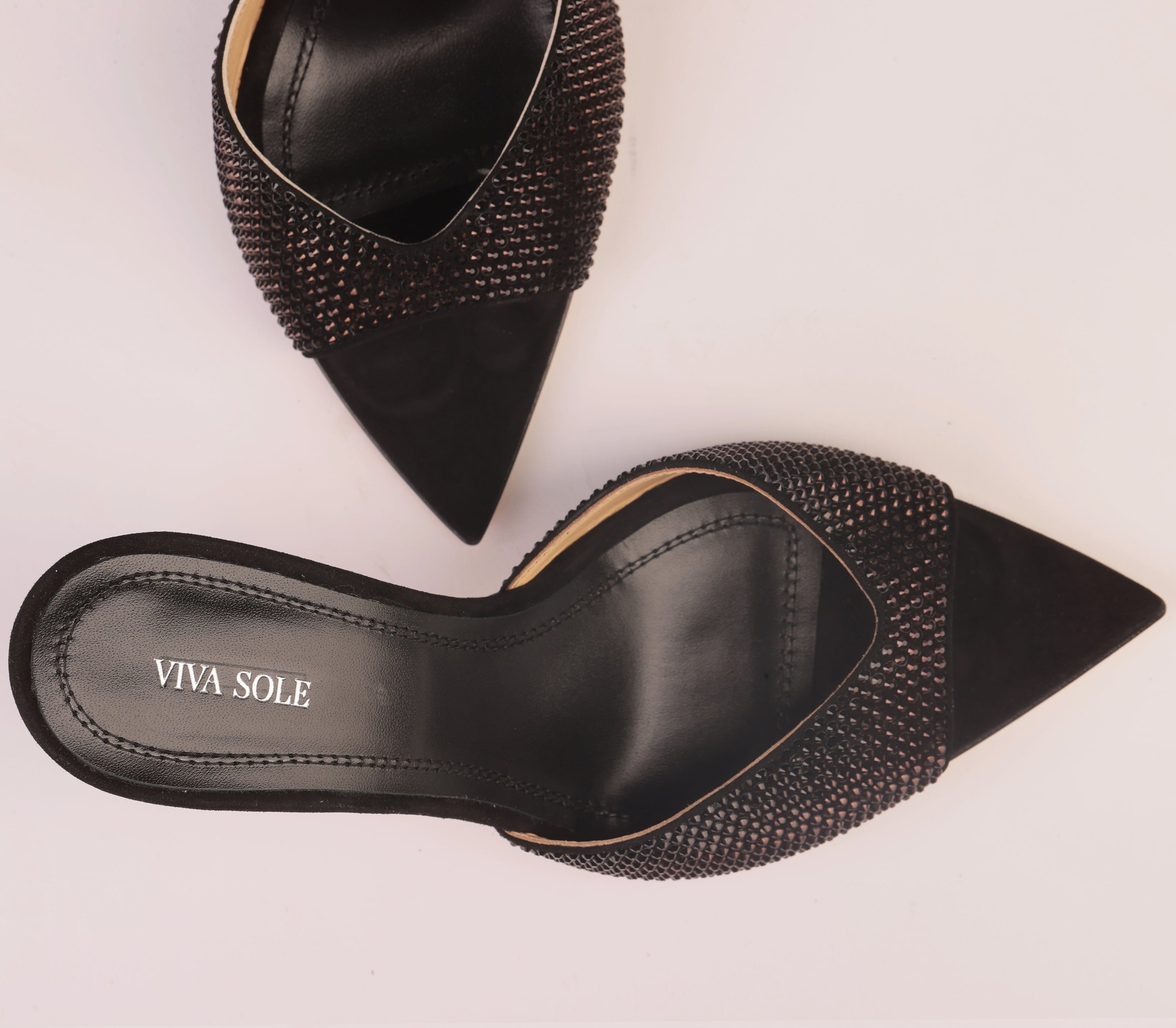 Noir Allure black suede heeled mule with Italian rhinestones — Viva Sole, handmade in Italy — view 8
