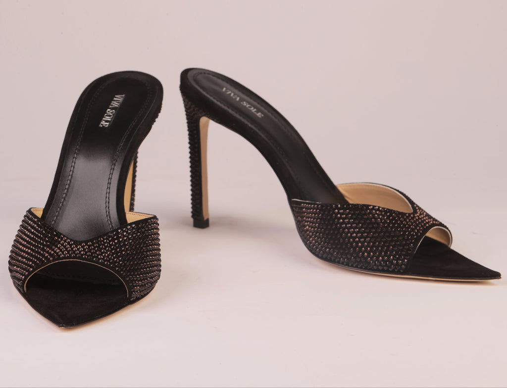 Noir Allure black suede heeled mule with Italian rhinestones — Viva Sole, handmade in Italy — view 6