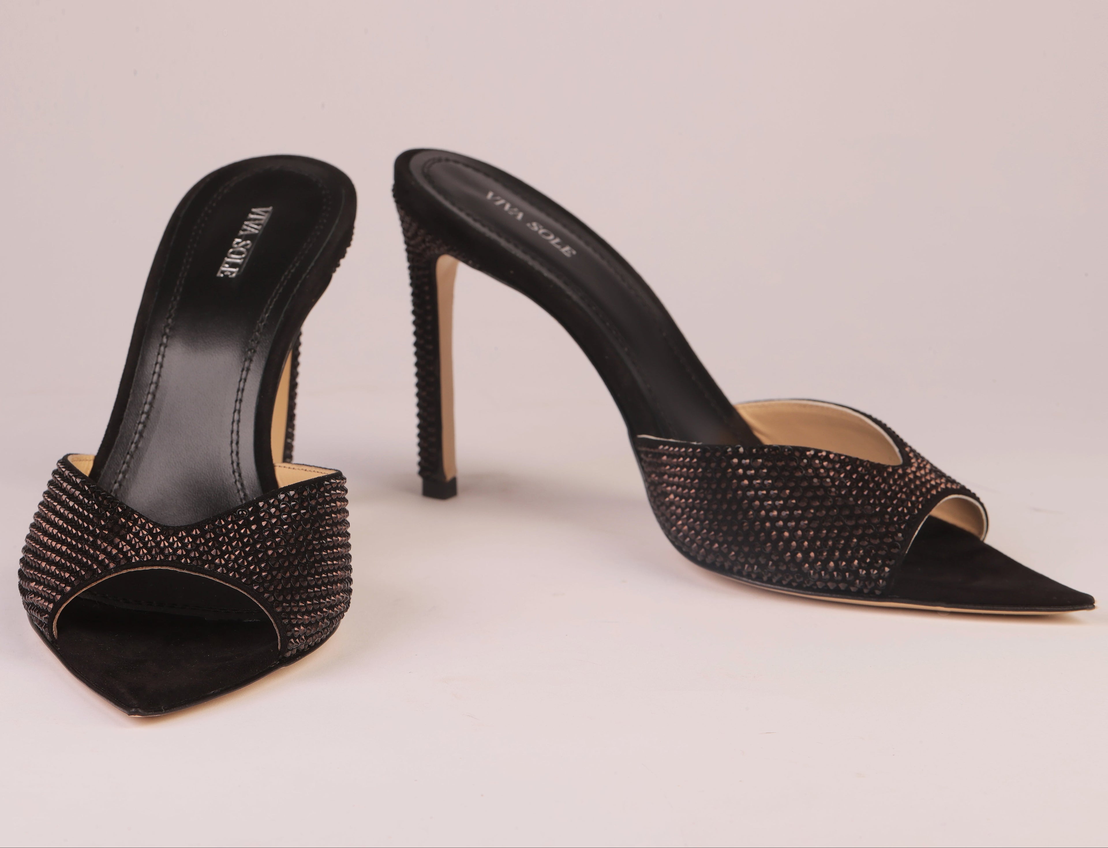 Noir Allure black suede heeled mule with Italian rhinestones — Viva Sole, handmade in Italy — view 6