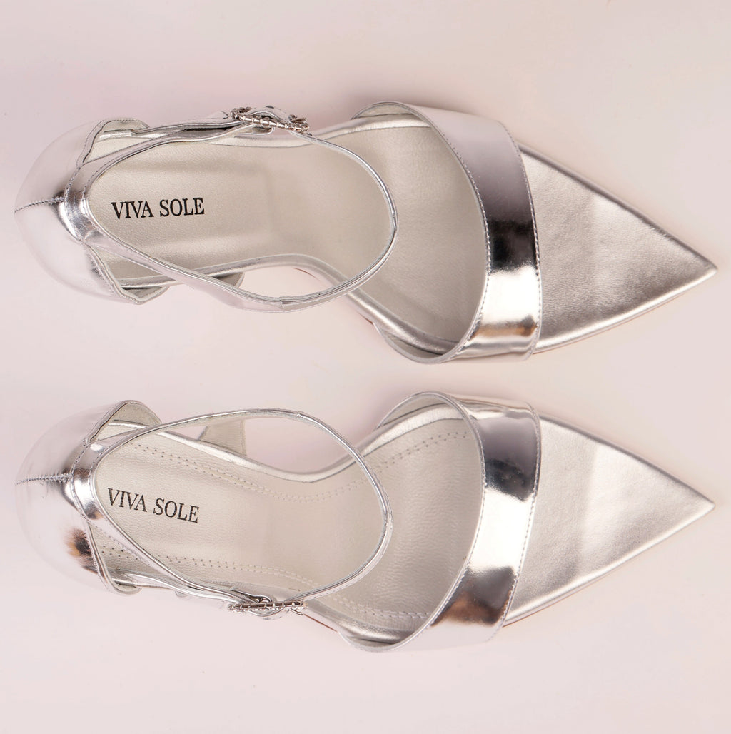 Luna Silver mirror leather sandal with crystal buckle — Viva Sole, handmade in Italy — view 6