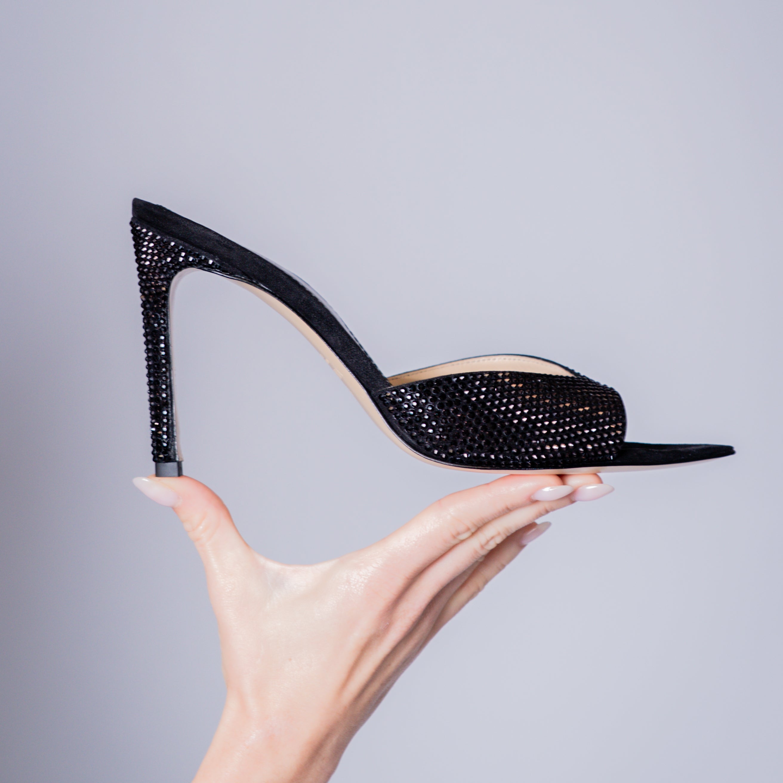 Noir Allure black suede heeled mule with Italian rhinestones — Viva Sole, handmade in Italy — view 17